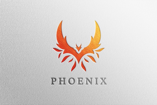 Clean letter pressed phoenix logo mockup on white paper