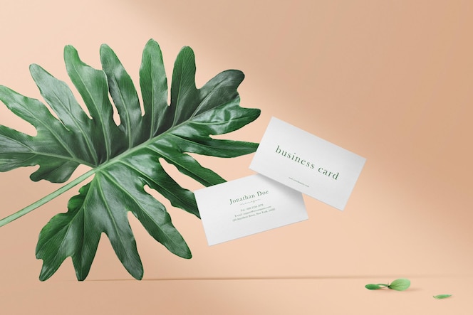 Clean minimal business card mockup floating on color background with leaf.