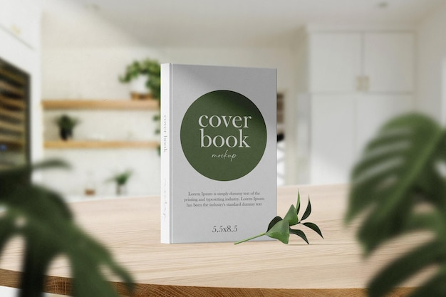 Clean minimal photo book 5.5x8.5 mockup standing on top table with vase background. psd file.