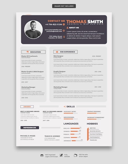 Free PSD clean and modern resume portfolio or cv template