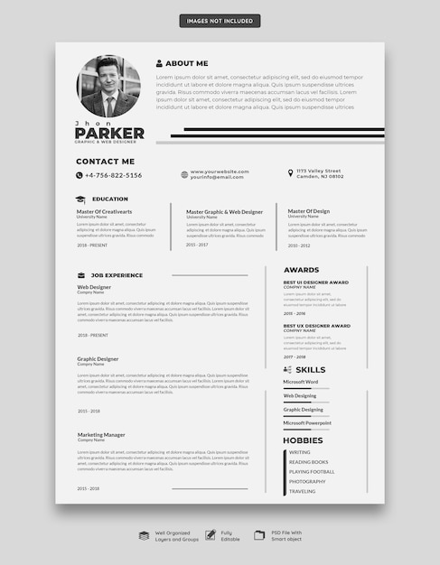 Free PSD clean and modern resume portfolio or cv template