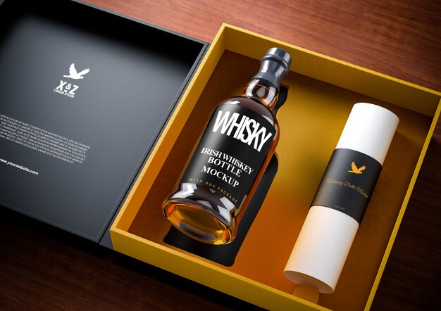 Clear glass whisky bottle package mockup