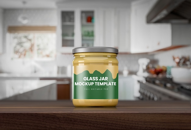 Download Premium Psd Clear Sauce Jar Mockup On Kitchen Counter