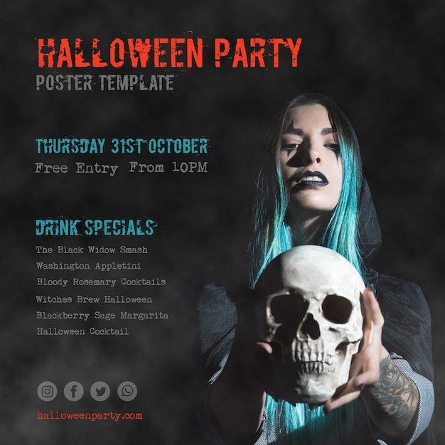 Close-up blue haired girl holding a skull halloween party