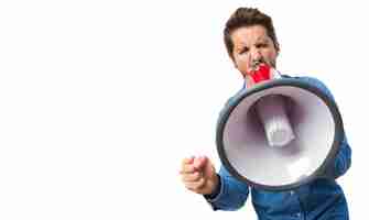 Free PSD close-up of concentrated worker with megaphone