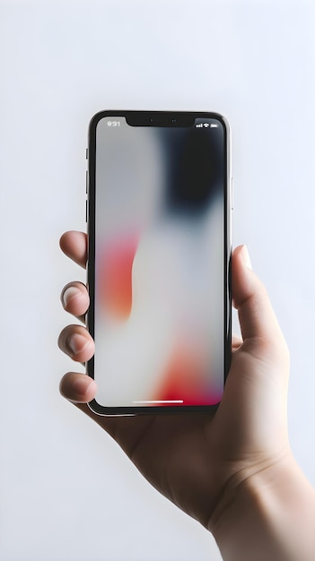 Close up of hand holding modern smartphone with blank screen on white background