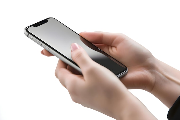 색 배경에 고립된 빈 화면으로 스마트폰을 들고 있는 여성 손의 클로즈업 이미지