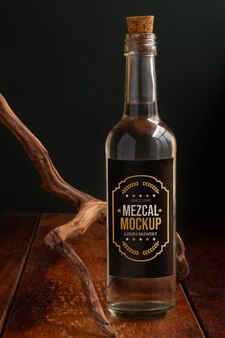 Close up on mezcal drink bottle