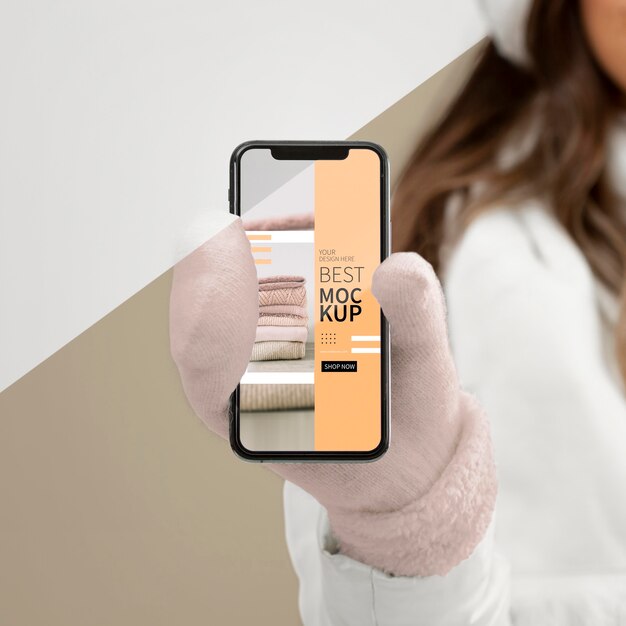 Close up woman holding phone mockup