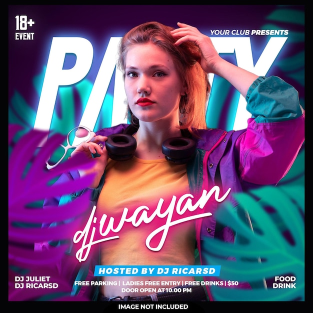 Бесплатный PSD club dj party night flyer сообщение в социальных сетях