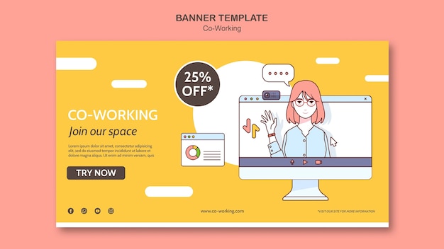 PSD gratuito modello di banner orizzontale di co-working