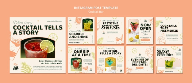 Free PSD cocktail bar with delicious drinks instagram posts