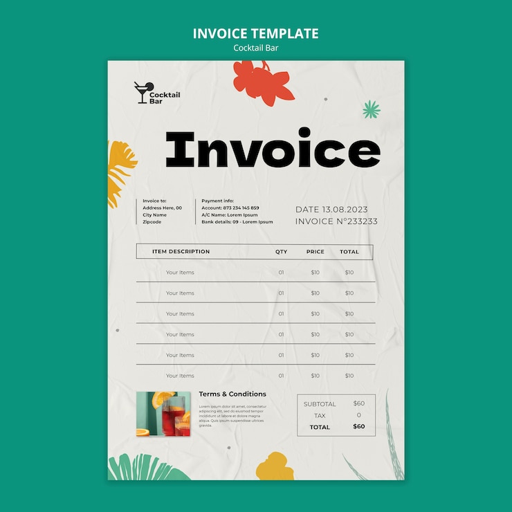 Free PSD cocktail bar with delicious drinks invoice