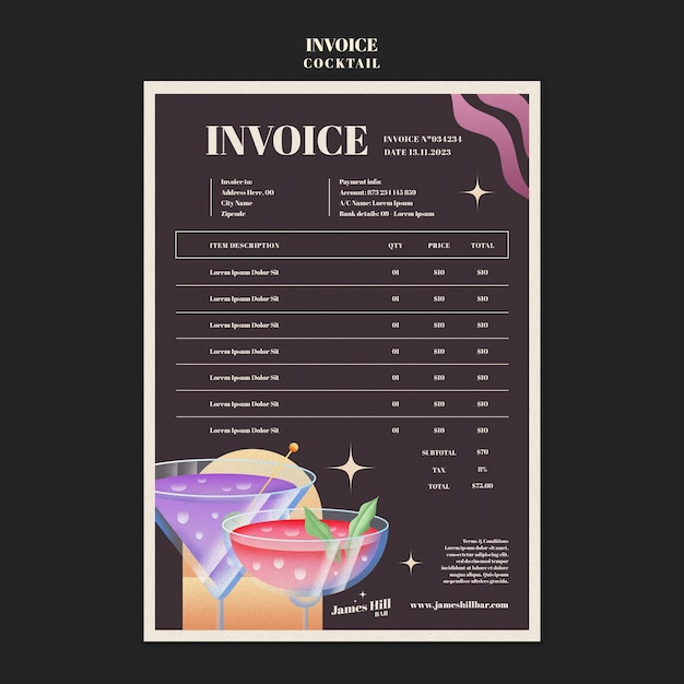 Free PSD cocktail bar with delicious drinks invoice
