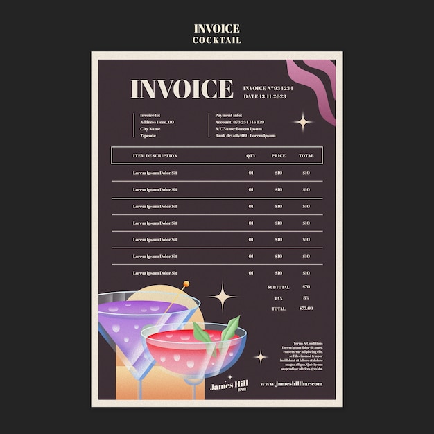 無料PSD おいしいドリンクの請求書付きカクテルバー