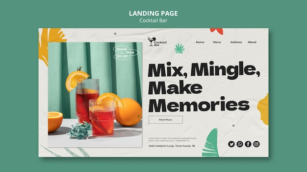 Free PSD cocktail bar with delicious drinks landing page