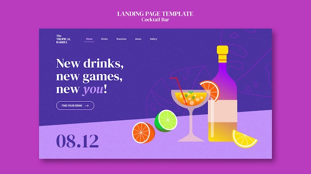 PSD gratuito cocktail bar con pagina di destinazione di deliziosi drink