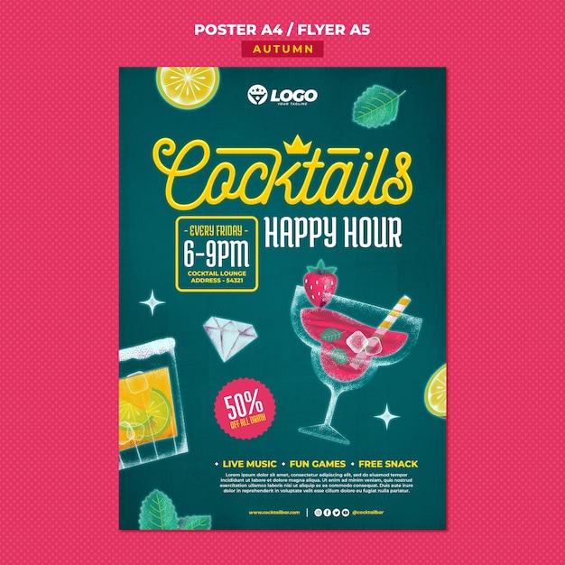 Free PSD cocktail bar with delicious drinks poster