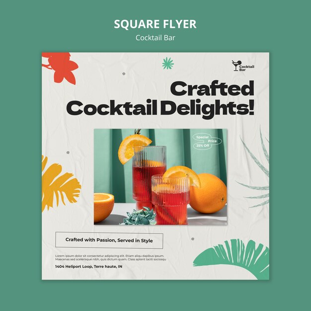 Free PSD cocktail bar with delicious drinks square flyer