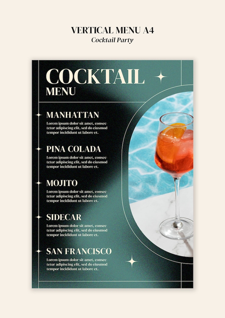 Free PSD cocktail menu design for cocktail party
