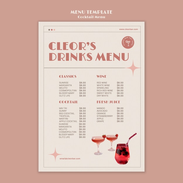 PSD gratuito modello di progettazione del menu del cocktail