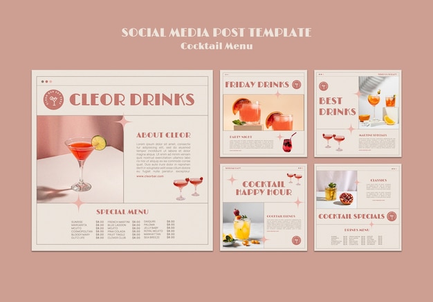 Cocktail menu instagram posts design template