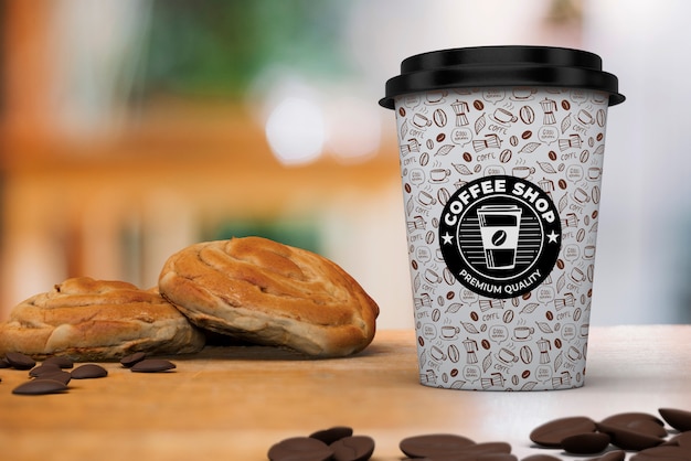 Coffee cup mockup with breakfast