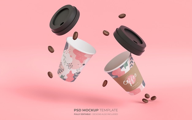 Free PSD coffee cups in gravity mockup