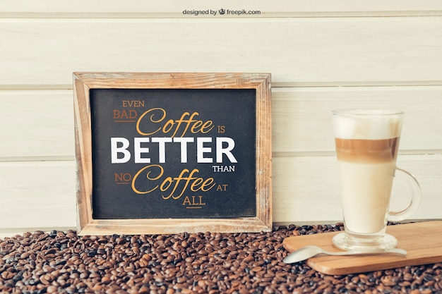 Free PSD coffee decoration with leaning slate and glass