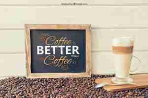 Free PSD coffee decoration with leaning slate and glass