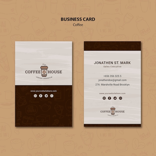 Free PSD coffee shop business card template with hand drawn elements