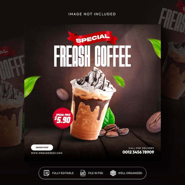 PSD gratuito promozione del menu delle bevande della caffetteria social media instagram post banner template design