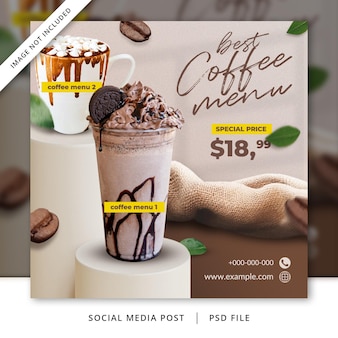 Coffee shop flyer or social media banner with coffee bean and leaf decorations
