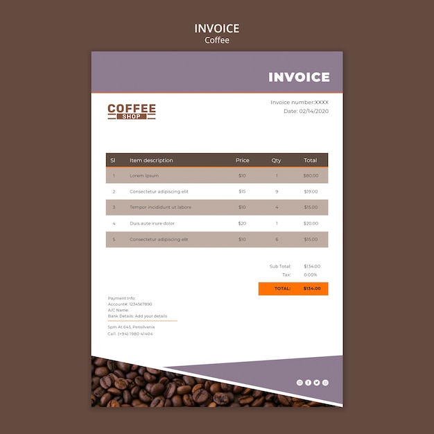 Free PSD coffee shop invoice with costs