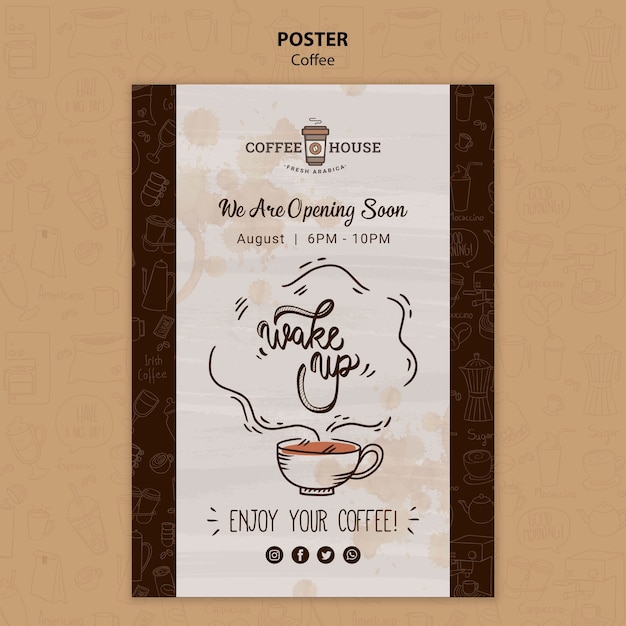 Free PSD coffee shop poster template with hand drawn elements