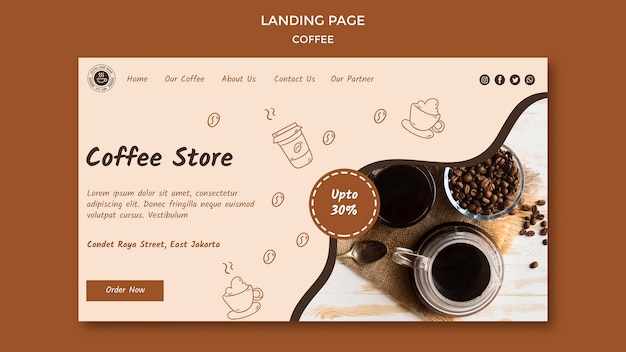 PSD gratuito pagina di destinazione del modello di caffetteria