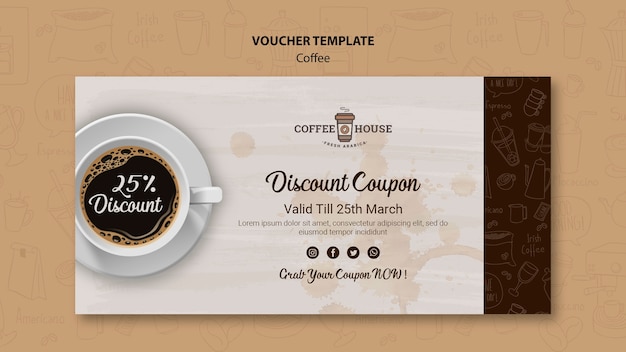 Coffee shop voucher template with hand drawn elements