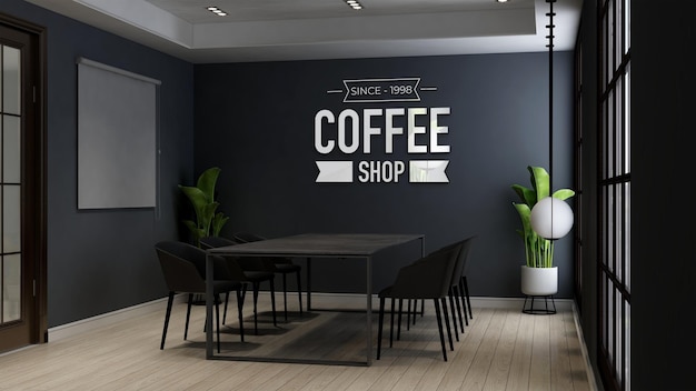 Coffee shop wall logo mockup in the cafe or restaurant meeting room Premium Psd