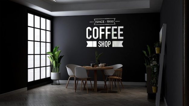 Coffee shop wall logo mockup in the minimalist wooden table in cafe or restaurant