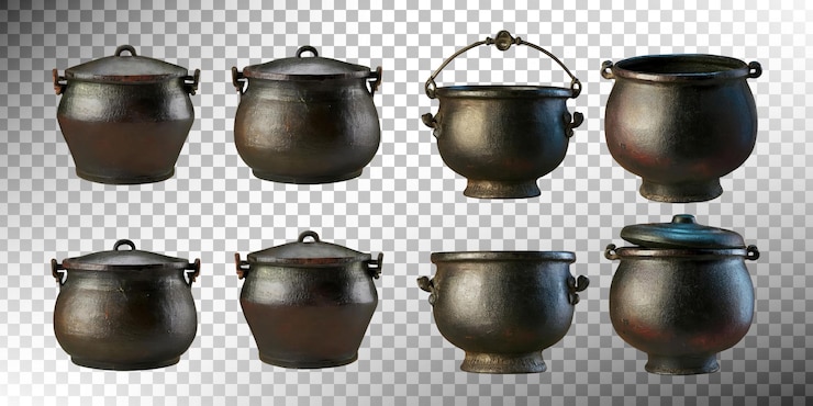 Free PSD collection of black cooking pots on transparent background