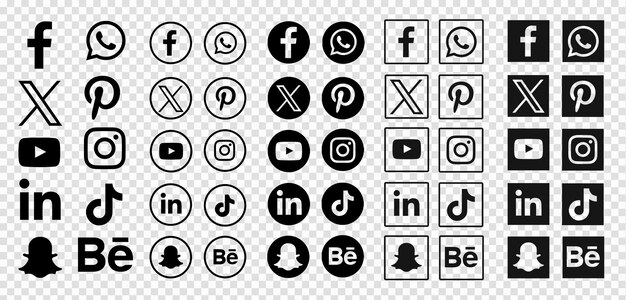 Collection of black social media logos on a transparent background