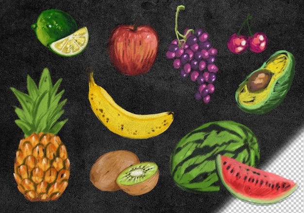 Raccolta di illustrazioni di frutta disegnate a mano in gesso su una superficie di lavagna