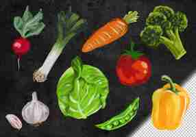 Free PSD collection of hand drawn vegetables illustrations in chalk on a blackboard surface