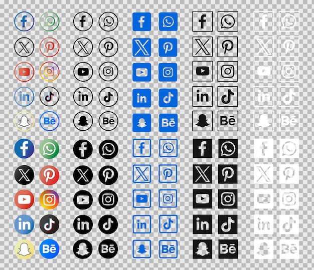Бесплатный PSD Коллекция цветных логотипов и форм социальных сетей на прозрачном фоне
