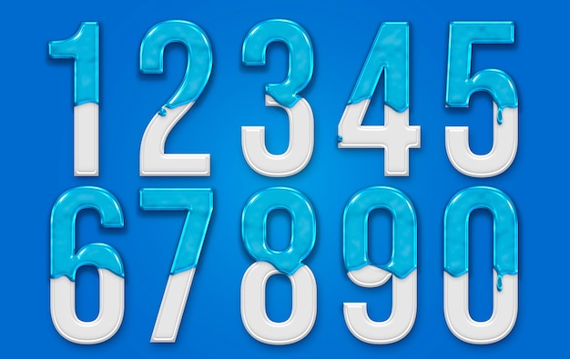 Free PSD collection of realistic numbers with liquid on a blue background