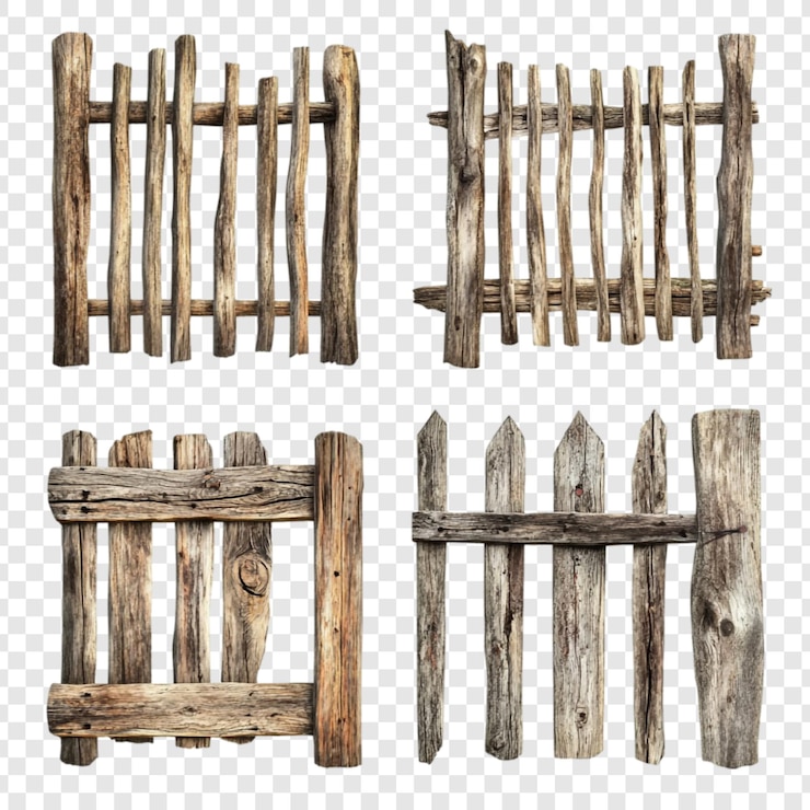 Free PSD collection of rustic wooden fences four variations of weathered rustic wooden fences isolated on white background
