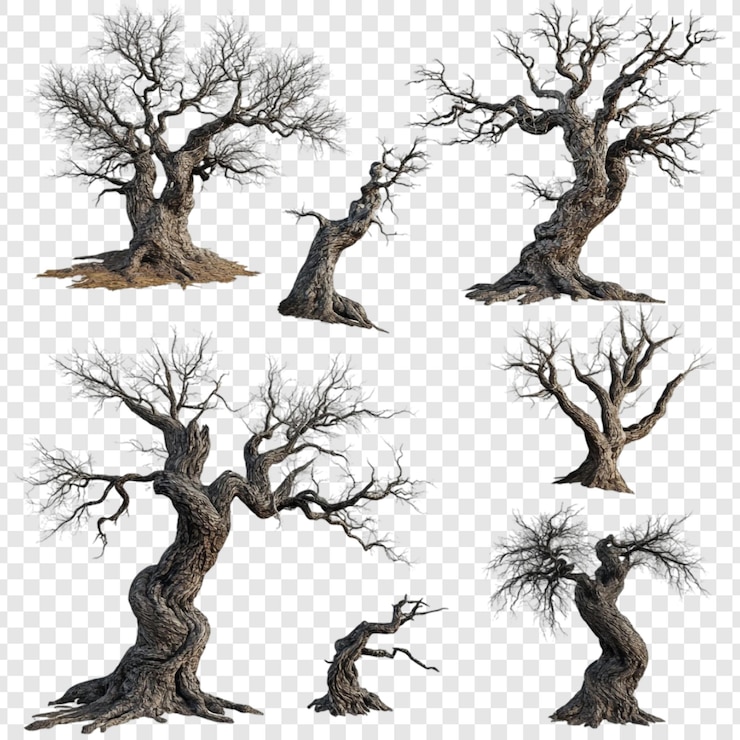 Free PSD collection of seven detailed bare trees isolated on transparent background perfect for game design or digital art