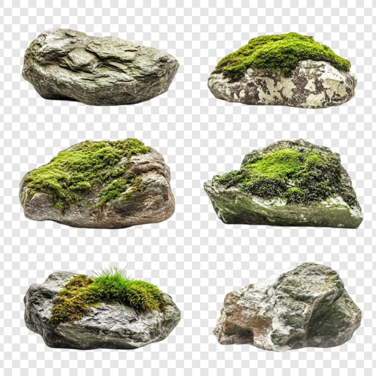 Free PSD collection of six mossy rocks isolated on transparent background