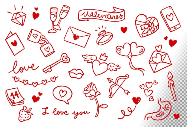 Free PSD a collection of valentines drawings with the word i love you on a white background.