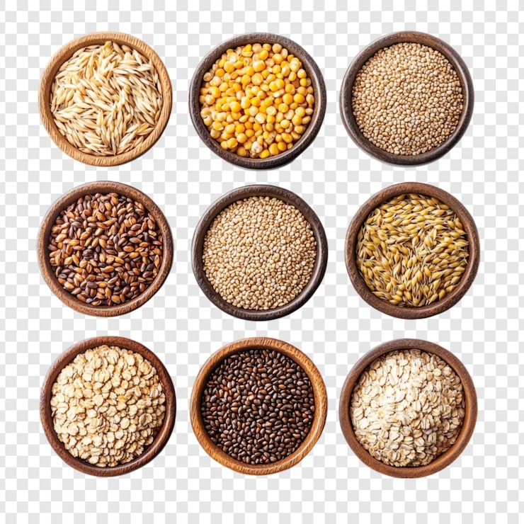 Free PSD collection of various grains and seeds in wooden bowls
